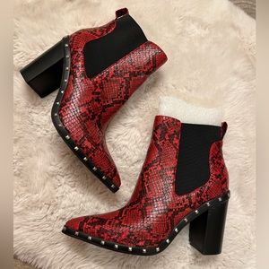 CHARLES by CHARLES DAVID Red Snake Skin Dodger Block Heel Studded Booties 8.5 M